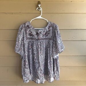 Lucky Brand Boho Short Sleeve Top - Size XL - Hippie Embroidered Paisley Modest